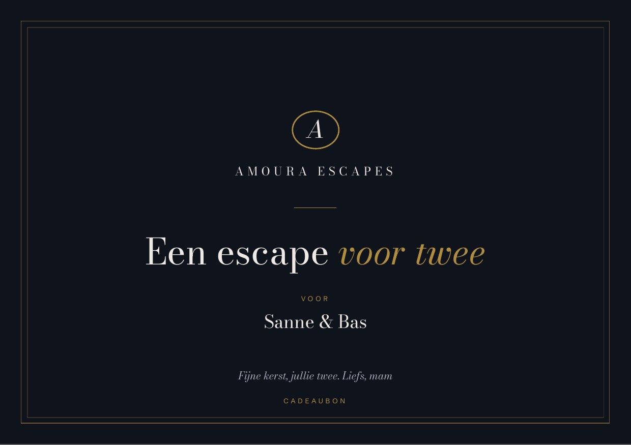 Voorkant van de cadeaubon: Amoura Escapes, een escape voor twee, voor Sanne en Bas